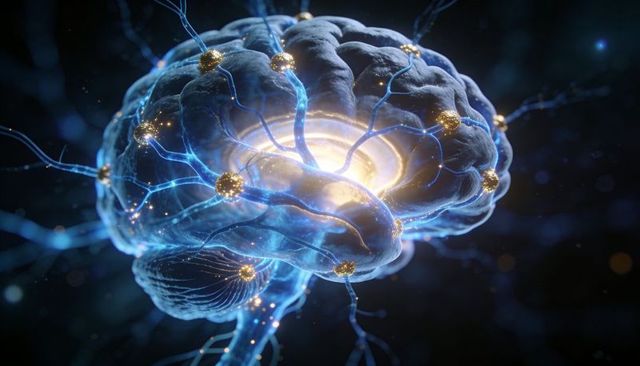 Pulsing neural network brain showing glowing core and golden synapse nodes