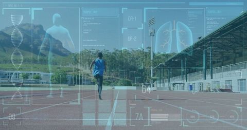 Runner on Track with Displayed Digital Health Data