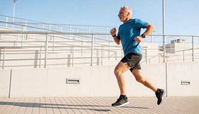 Active senior running on urban promenade wearing smartwatch and athletic shorts