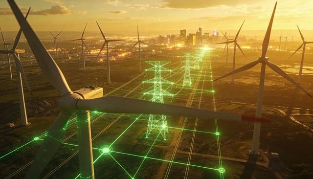 Wind turbine nacelle and blades rotating over neon green smart grid to city sunset