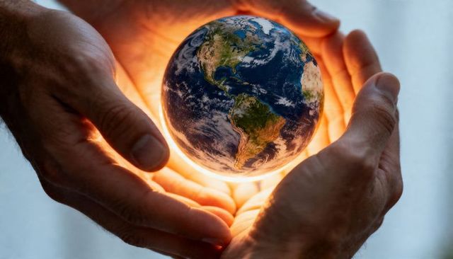Cradling glowing earth globe in cupped hands symbolizing planet stewardship and protection