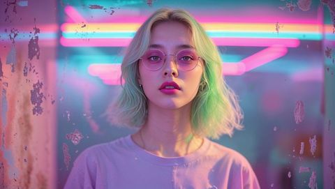 Futuristic neon-aesthetic woman with pink-tinted glasses