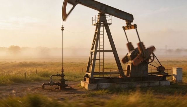 Misty sunrise pumpjack pumping on prairie oilfield, rocking beam with counterweights