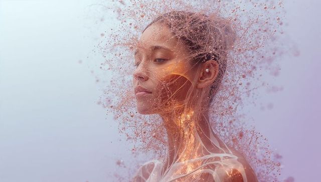 Ethereal female portrait glowing with luminous anatomy overlays and particle dispersion