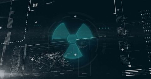 Futuristic Cybersecurity Interface with Nuclear Symbol and World Map
