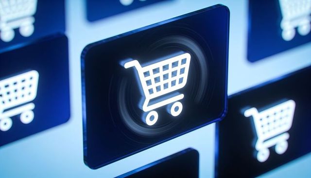 Glowing shopping cart tile on futuristic ecommerce interface with motion-blur rings