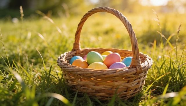 Wicker basket of colorful easter eggs sitting on sunlit meadow at golden hour soft bokeh