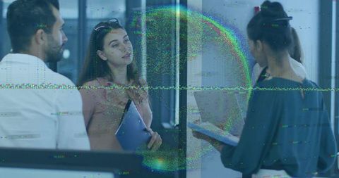 Business team discussing project by glass wall showing digital glitch overlay