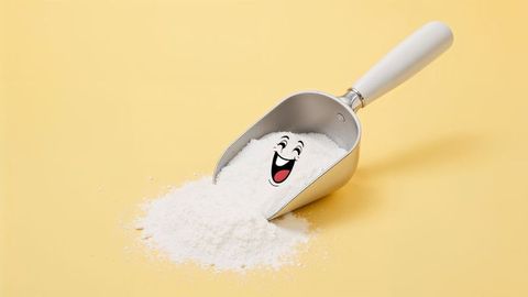 Cheerful face on smooth white powder in metal scoop