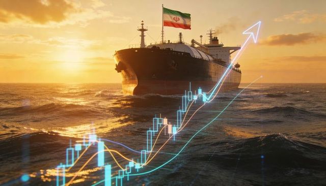 Iranian-flag tanker sailing at sunset with rising financial chart, energy market surge