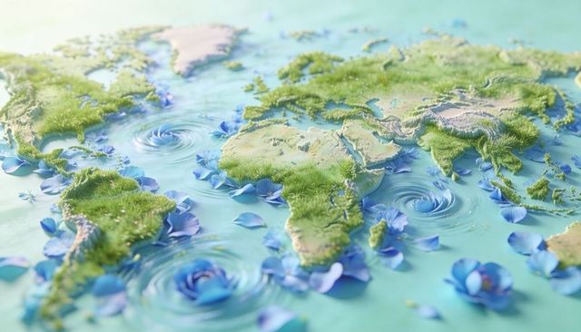 World map growing grass and blue petals floating on serene water diorama