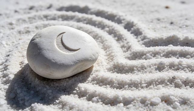 White zen pebble with crescent engraving on raked sand, minimalist meditation concept calm