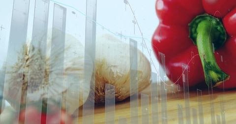 Garlic and red bell pepper overlaid with financial charts double exposure food market