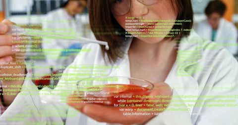 Teen Scientist Stirring Glass Bowl Wearing Lab Coat and Glasses with Code Overlay