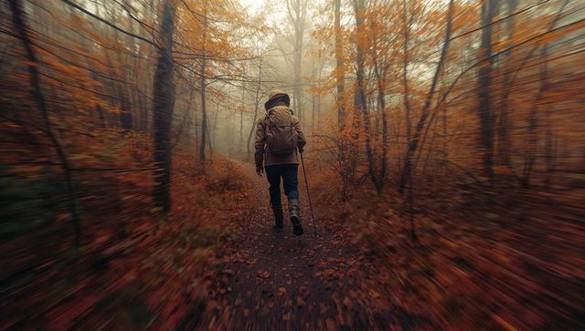 Lone Hiker Traversing Enigmatic Autumn Woodland Trail