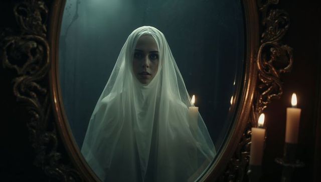 Ethereal veiled figure reflected in gothic mirror by candlelight