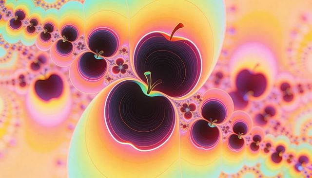 Neon fractal apples spiraling with rainbow glow and ringed cores, abstract depth