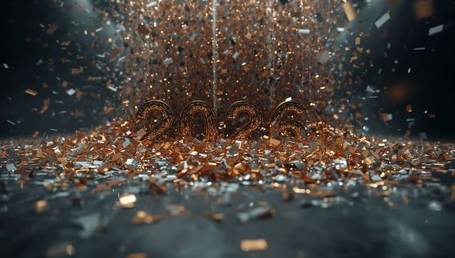 2026 Golden Metallic Confetti Celebration on Dark Stage with Spotlights