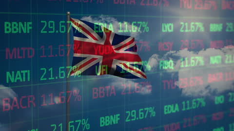 UK Flag with Global Stock Market Data Animation