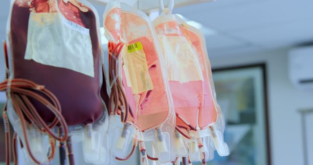 Packed red blood cells and plasma bags hanging in hospital environment. Useful for illustrating medical and healthcare topics, blood donation drives, emergency rescue operations, and education on blood transfusions.