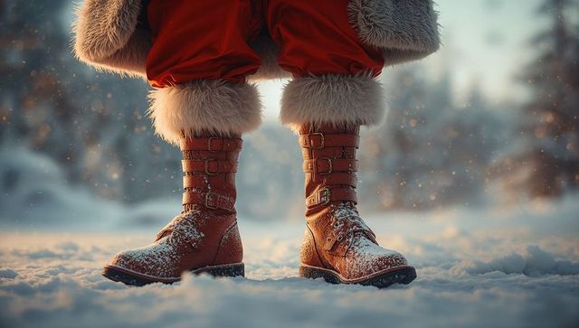 Stylish red leather boots in snowy winter wonderland