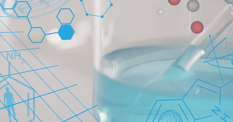 Featuring abstract digital graphics overlaying out-of-focus laboratory glassware, this minimalist composition represents advanced research and sophisticated data processing in scientific laboratories. Hexagonal graphics and molecular structures are key elements that symbolize scientific application. This is ideal for use in scientific articles, presentations on research topics, and promotional material for lab technology or educational resources.