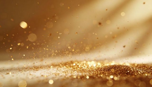 Golden glitter scattering with bokeh macro, shimmering metallic flakes on glossy surface