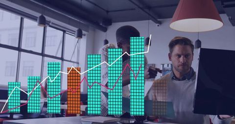 Business Team Collaborating with Data Visualization Overlay and Growth Charts in Modern Office