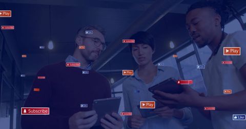 Diverse colleagues engaging with digital social media icons