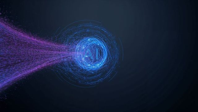 Neon AI Core Pulling Magenta Data Stream into Futuristic Blue Circuit Hub