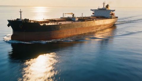 Large oil tanker navigating calm sea at golden hour with rusted hull and deck piping