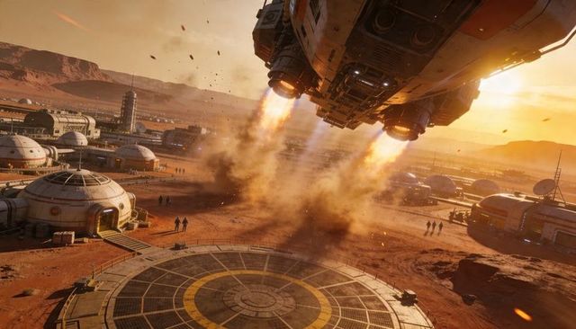 Martian Lander Descending Over Red-Dust Colony, Thrusters Blasting at Sunset