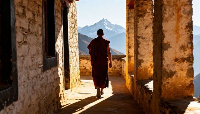 Asian monk walking sunlit stone corridor toward distant snow peak at mountain monastery