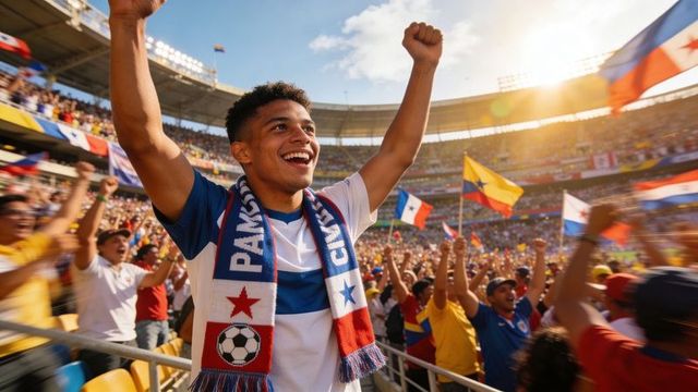 Cheering soccer fan raising arms celebrating victory in vibrant packed stadium crowd