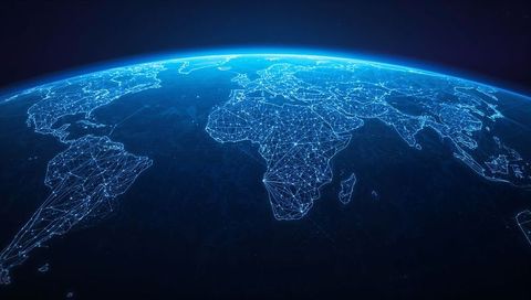 Neon-blue global network over earth from low orbit showing connected continents