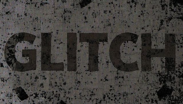 Glitch grunge halftone typography poster with distressed ink splatters and grainy monochrome