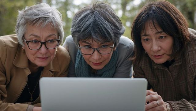 Three mature women collaborating over laptop outdoors, focused teamwork digital learning