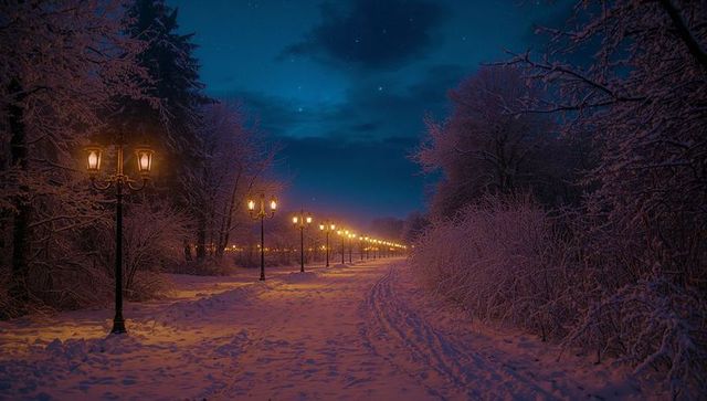 Scenic winter night, glowing lamp light on snowy park path