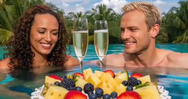 Tropical Pool Romance with Champagne and Fruit Delight