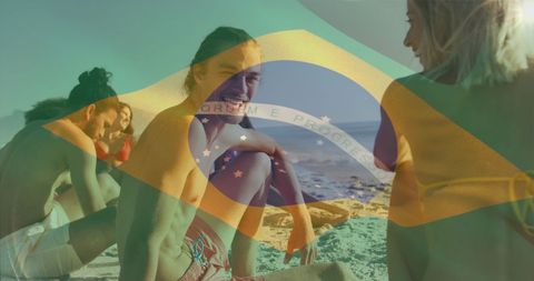 Friends Relaxing on Beach with Overlay of Brazilian Flag