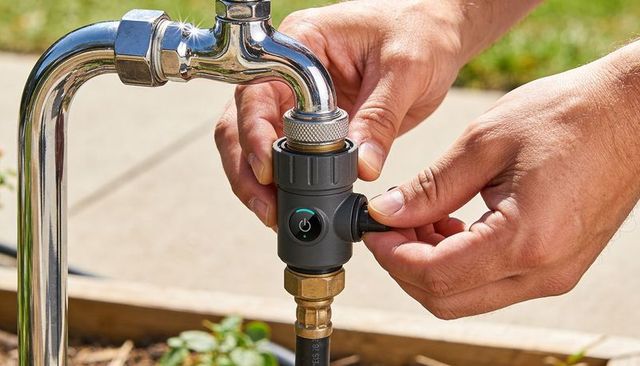 Attaching smart hose timer to chrome faucet hands turning brass connector for garden beds