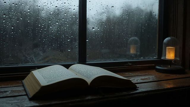 Moody rainy window reading nook with open book on wooden sill and warm candle glow
