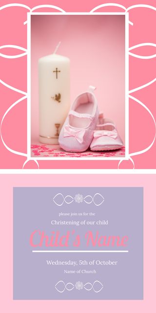 Christening Invitation Pink Theme with Shoes and Candle - Download Free Stock Templates Pikwizard.com