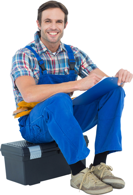 Transparent Plumber Sitting with Clipboard on Toolbox - Download Free Stock Videos Pikwizard.com