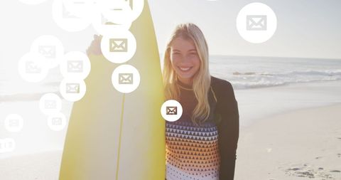 Smiling Woman With Surfboard Overlaid With Social Media Icons