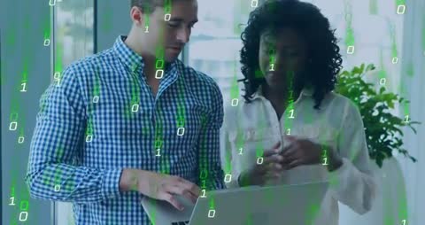 Collaboration in Tech Industry with Binary Code Overlay