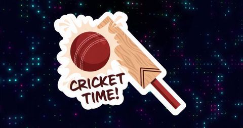 Vibrant cricket time sticker vector featuring wooden bat hitting red ball on neon matrix