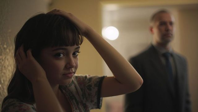 Adjusting hair in dim hallway, contemplative young woman foreground, blurred man in suit