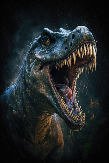 Tyrannosaurus rex dinosaur roaring over leaves and rain, created using generative ai technology. Prehistory, dinosaur and paleontology concept.
