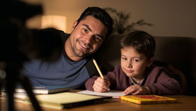 Evening bonding: father guiding son with homework and drawing while smiling at camera